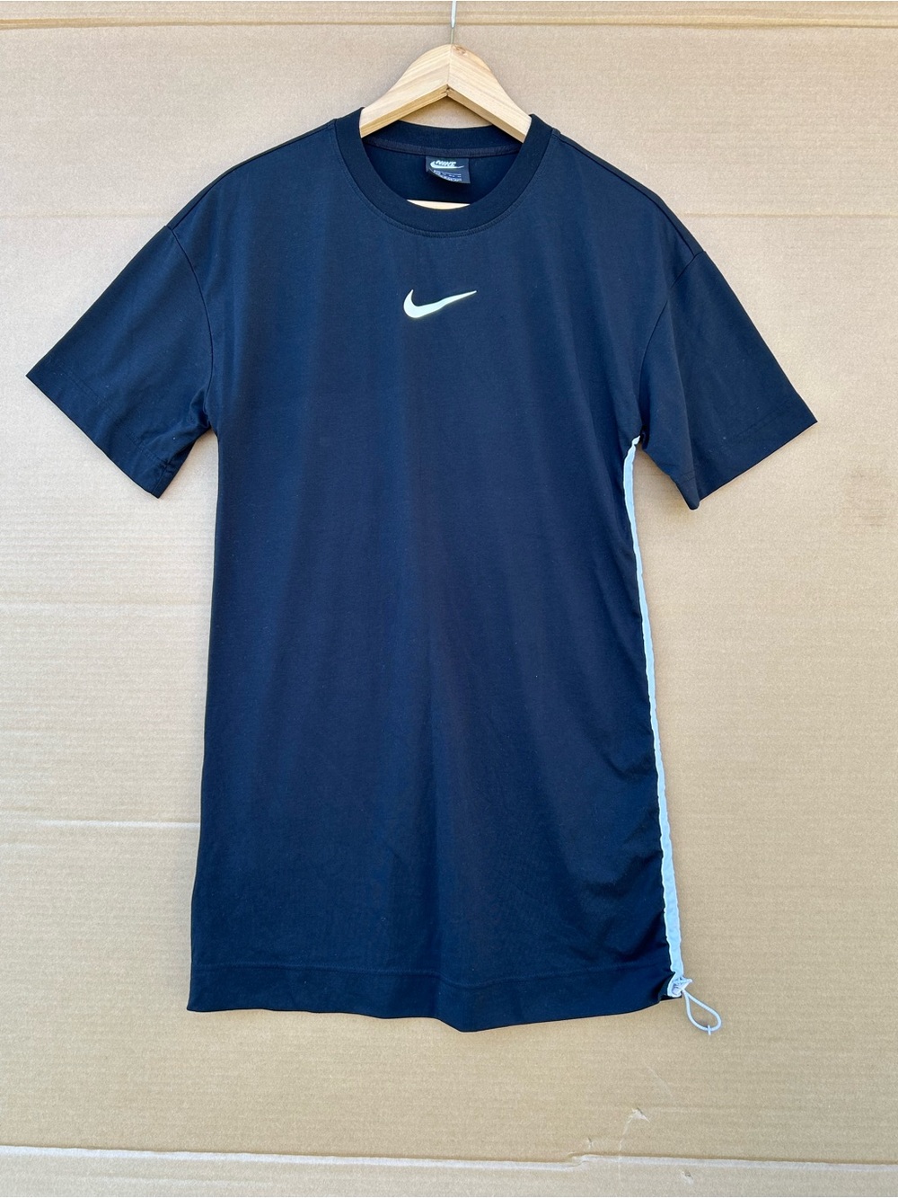 Nike Big Swoosh T-Shirt Dress Side Drawstring Women’s XS Black White Streetwear